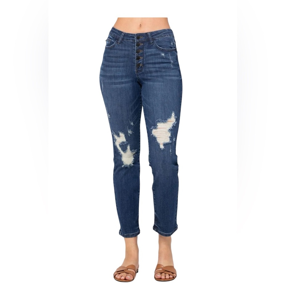 Judy Blue High Waist Zig Zag Button Fly Distressed Boyfriend Jeans 11 / 30